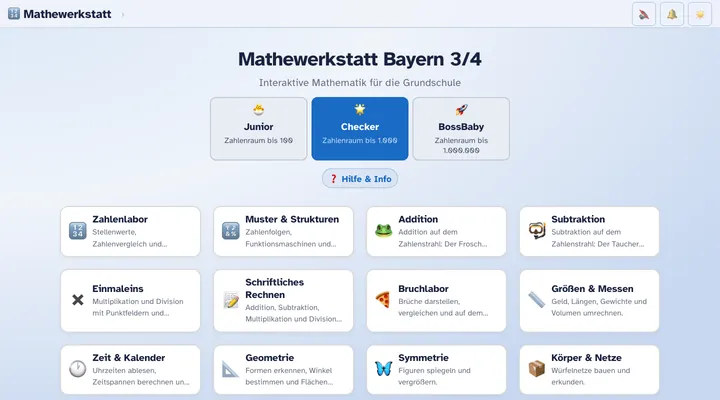 Startseite der Mathewerkstatt mit Stufenwahl und Modulübersicht
